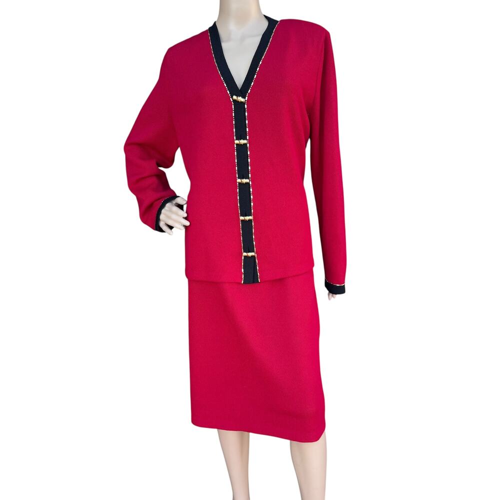 St. John Collection Red & Black Santana Knit Suit Skirt Jkt 12 Skrt 16 - Picture 5 of 16